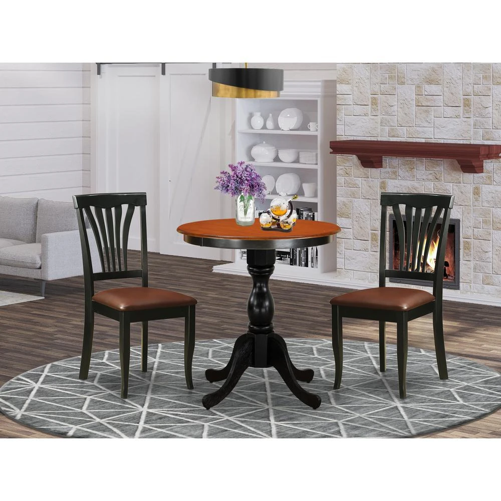 East West Furniture 3-Piece Dining Set Contains a Dinning Table and 2 Faux Leather Dining Chairs with Slatted Back- Black Finish 1