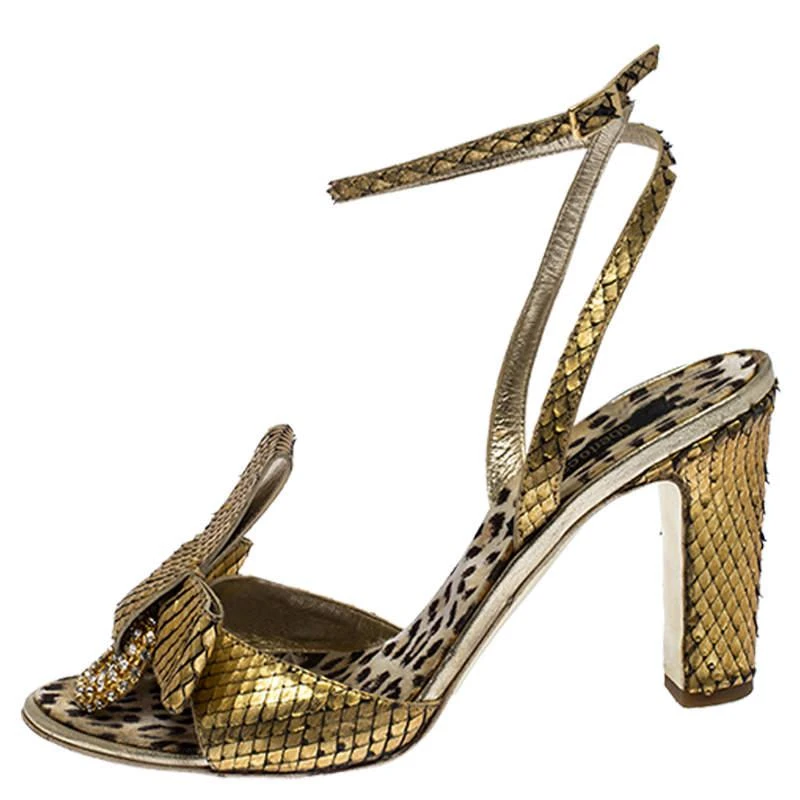 Roberto Cavalli Roberto Cavalli Metallic Gold Python Leather Embellished Ankle Strap Sandals Size 38 2