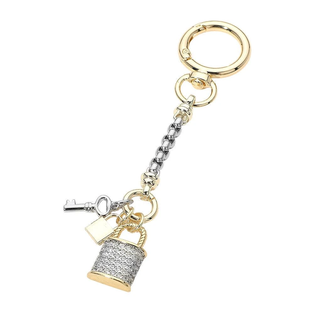 FASHNZFAB 14K Gold Plated CZ Stone Paved Lock Key Charm Drop Keychain Bag Charm 2