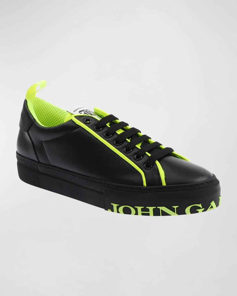 John Galliano Paris Men's Neon Logo Leather Low-Top Sneakers, Black 3