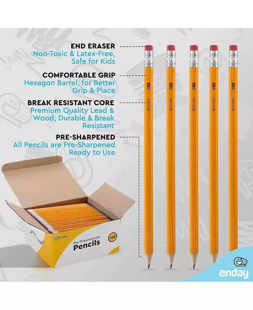 Enday #2 Pencils Bulk - 300 Pack, Pre-Sharpened Wood-Cased Yellow Pencils for Office and Classroom Supplies 6