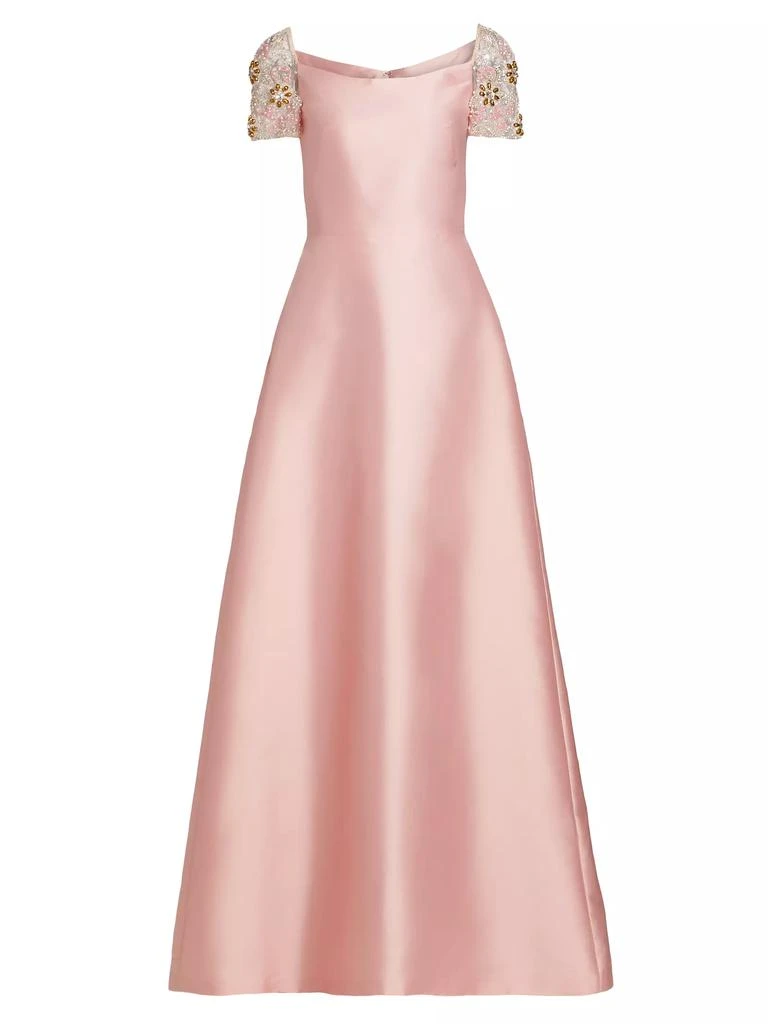 REEM ACRA Embellished-Sleeve Satin A-Line Gown 1
