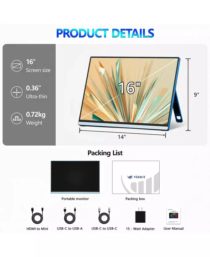 ZACHVO 2.5K 144Hz Gaming Portable Monitor V1 Pro, 16-inch HDR IPS with FreeSync 6