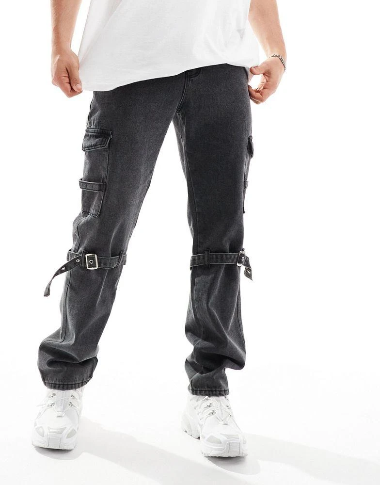 Liquor N Poker Liquor N Poker relaxed cargo jean with strap in black wash 3