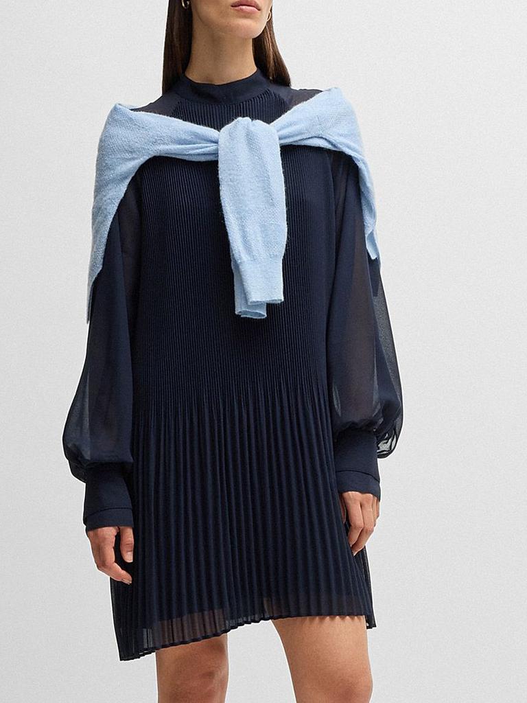 Shop High-Neck Dress with Plissé Pleats and Sheer Sleeves on