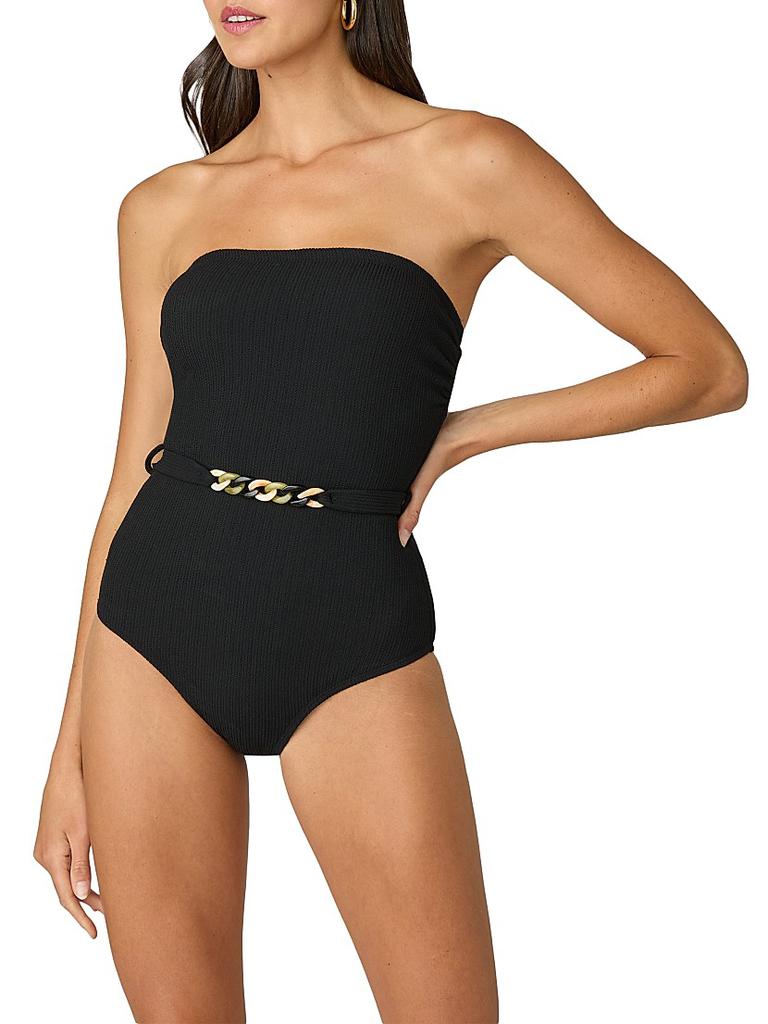 Shoshanna Belted Rib-Knit One-Piece Swimsuit