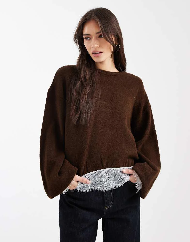 ASOS ASOS DESIGN knitted bubble hem jumper with lace hem in brown