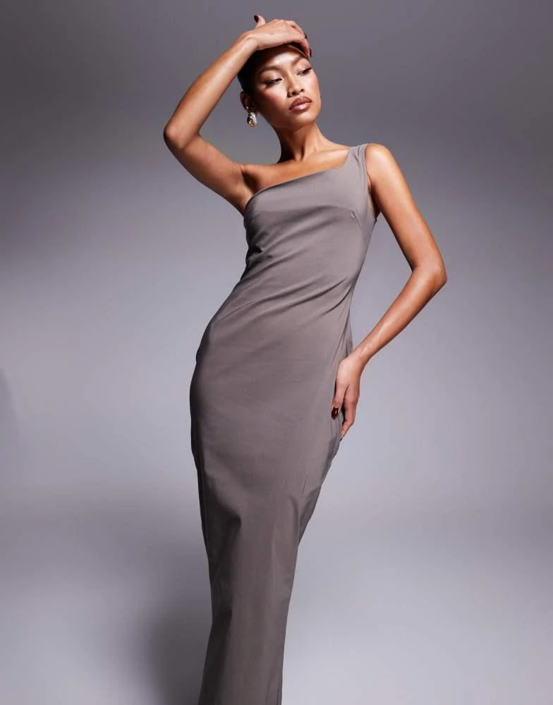 Vesper Vesper bengaline one shoulder midaxi dress in taupe 1