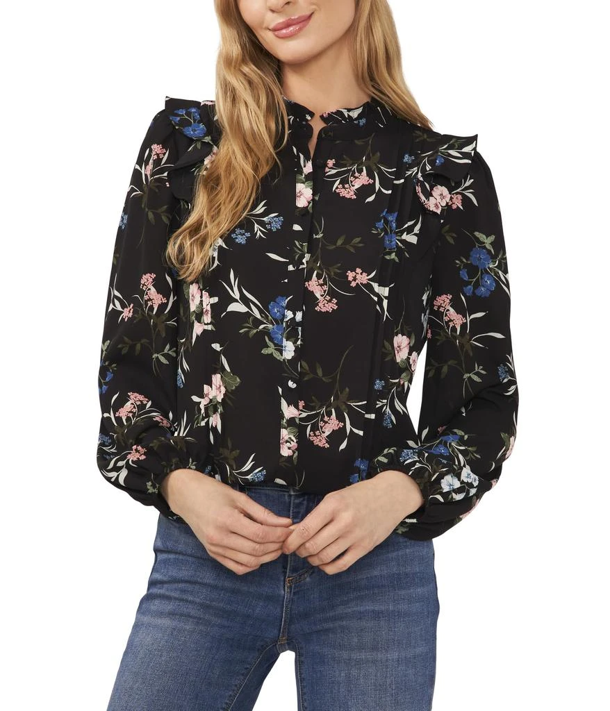 CeCe Floral Button-Up Pin Tuck Long Sleeve Blouse 1