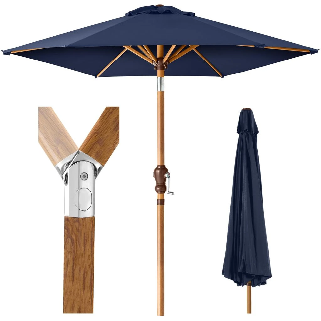Best Choice Products 10ft Outdoor Woodgrain Pattern Steel Market Patio Umbrella w/ Crank, Tilt - Navy Blue