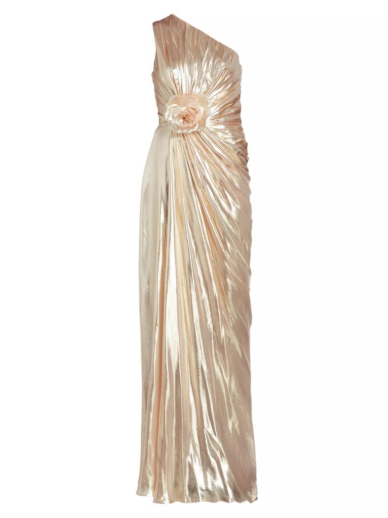Pamella Roland Metallic Chiffon One-Shoulder Gown