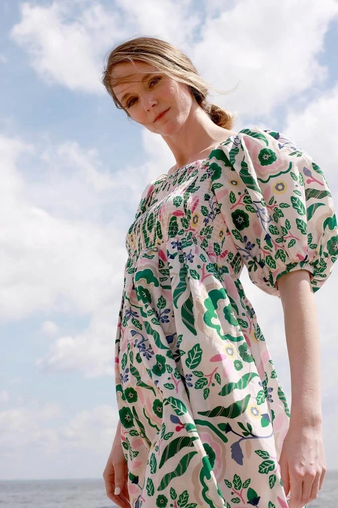 Jessie Zhao Emerald Smocked Cotton Silk Dress 5