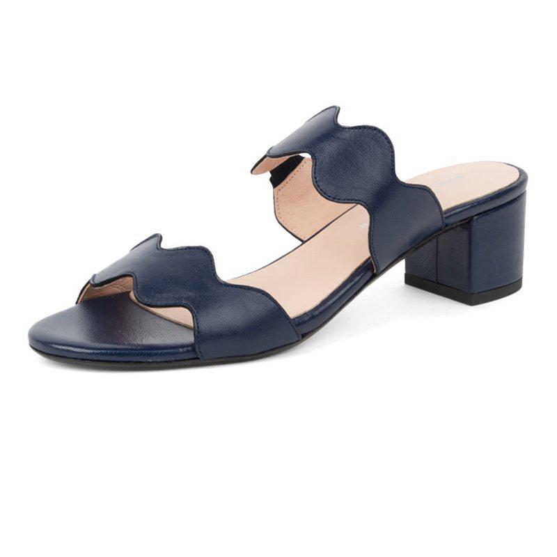 Patricia Green Palm Beach Block Heel Scalloped Sandal Navy Leather