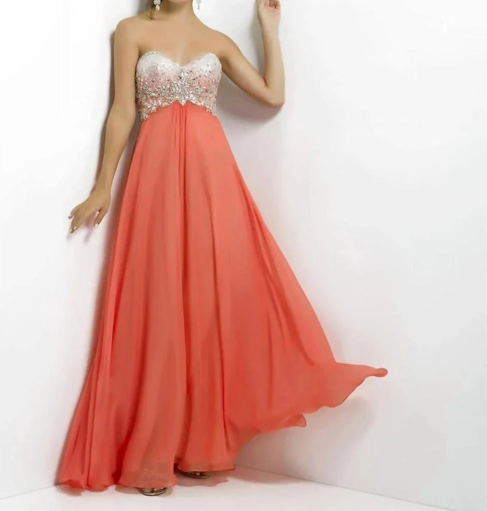 Blush Prom Embellished Flowy Chiffon Gown In Coral Pink - Coral Pink - US 0 (XS)