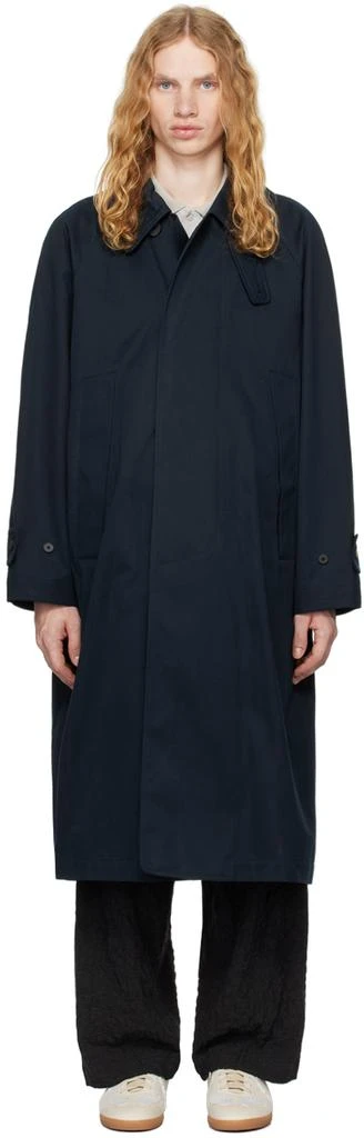 DOCUMENT Navy Ventile Cotton Inverted Pleats Balmacaan Coat 1