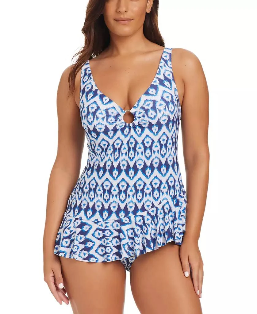 Beyond Control Women's Fine Ikat Ring Ruffle Swim Dress 1