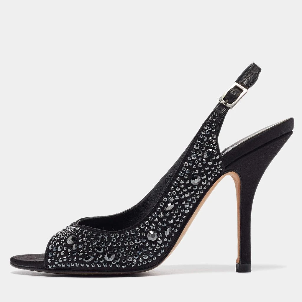 Gina Gina Black Satin Crystal Embellished Peep Toe Pumps Size 37.5 1