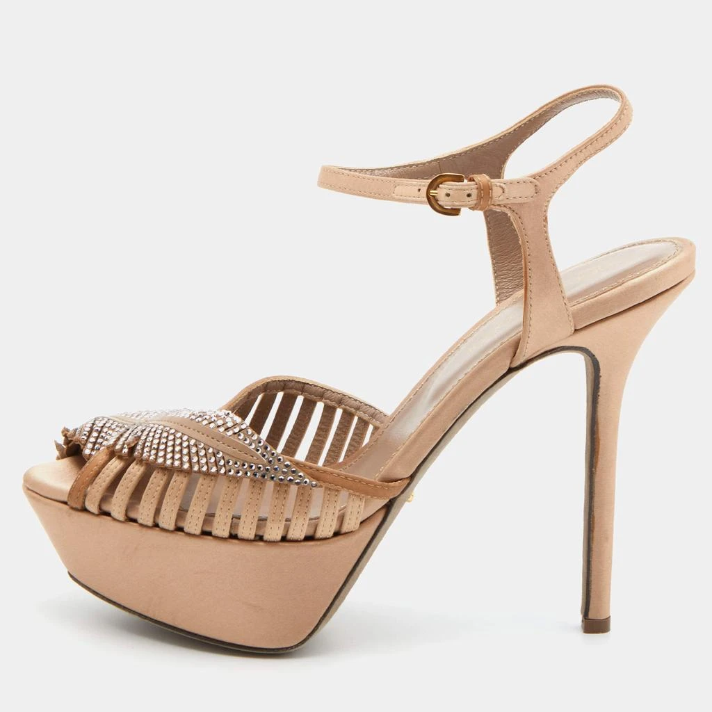Sergio Rossi Sergio Rossi Light Brown Satin Crystal Embellished Ankle Strap Sandals Size 35.5 1