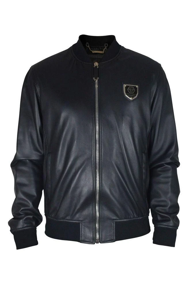 Philipp Plein Black Leather Bomber Jacket With Zip Closure