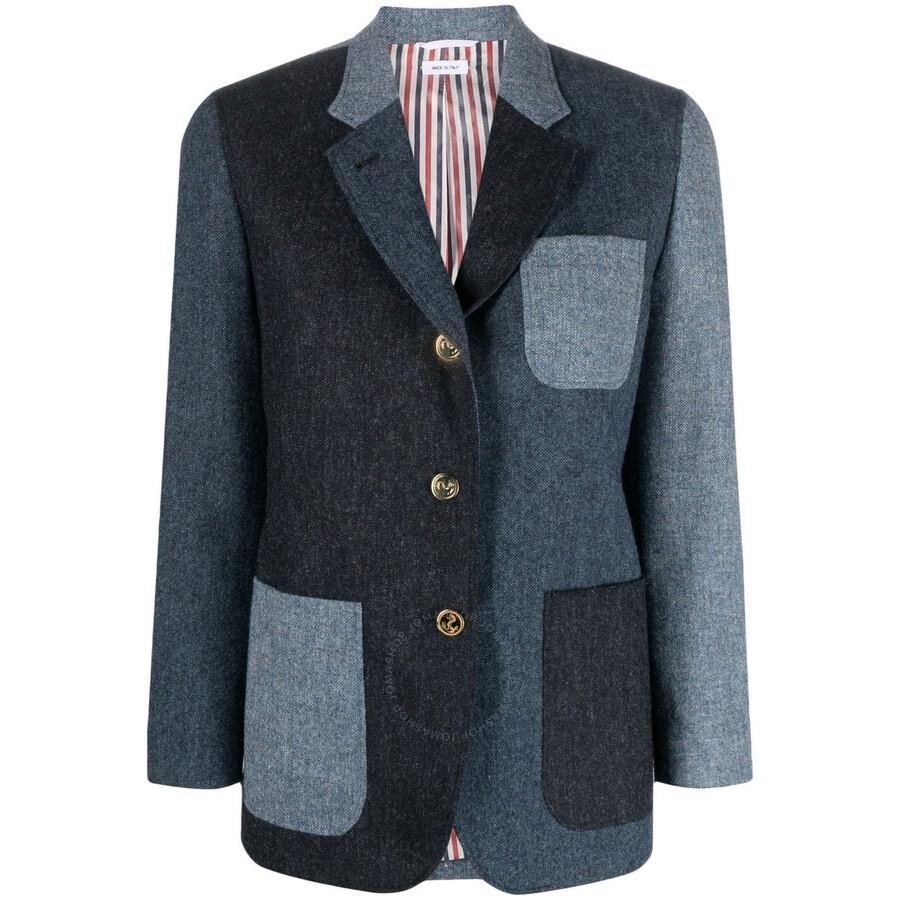 Thom Browne Ladies Navy Patchwork Donegal Tweed Blazer