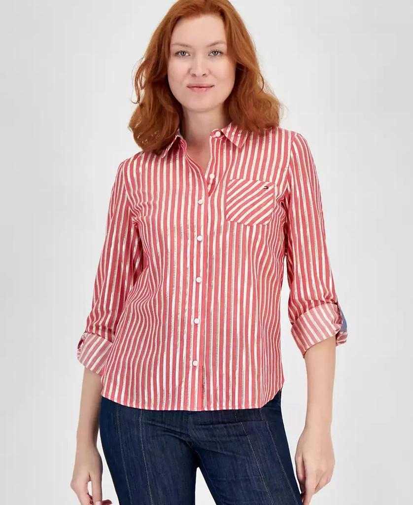 Tommy Hilfiger Women's Shimmering Striped Button-Down Top 1