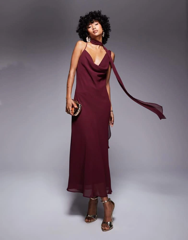ASOS ASOS DESIGN chiffon cowl maxi dress with scarf detail in burgundy 1