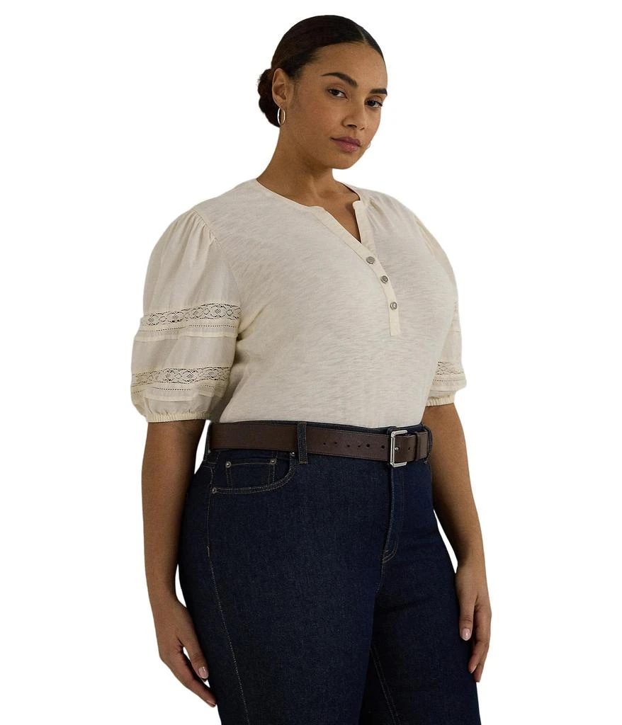 Ralph Lauren Plus-Size Lace-Trim Jersey Puff-Sleeve Henley Tee 1