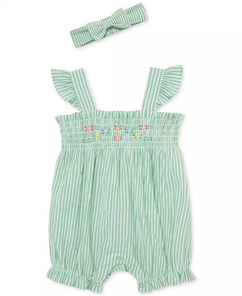 Little Me Baby Girls Cotton Striped Floral Bubble Romper & Headband, 2 Piece Set
