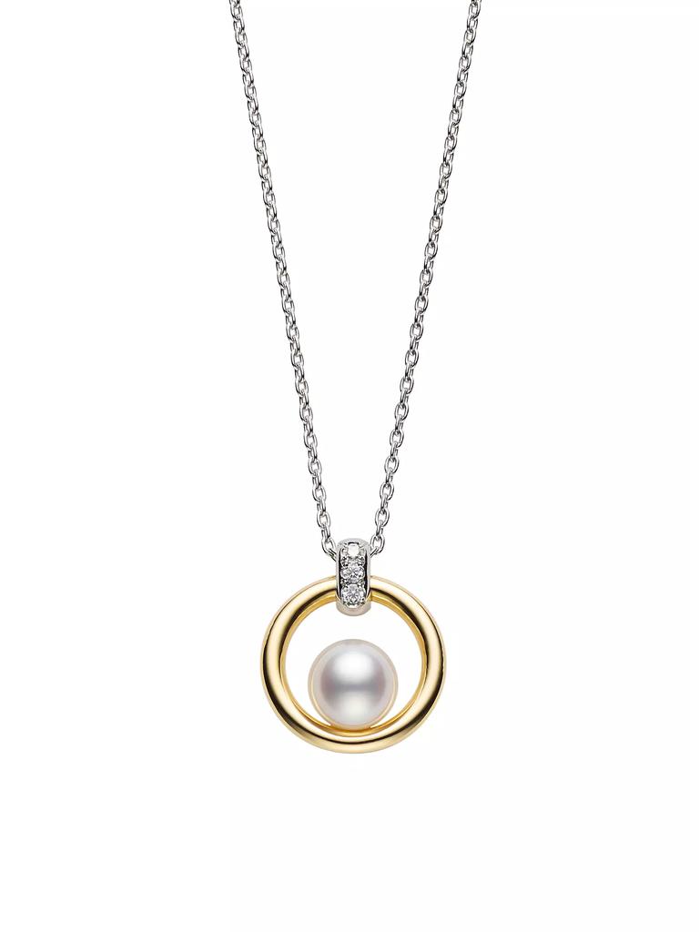 Mikimoto Circle Two-Tone 18K Gold, Diamond & Floating 6MM Cultured Akoya Pearl Pendant Necklace