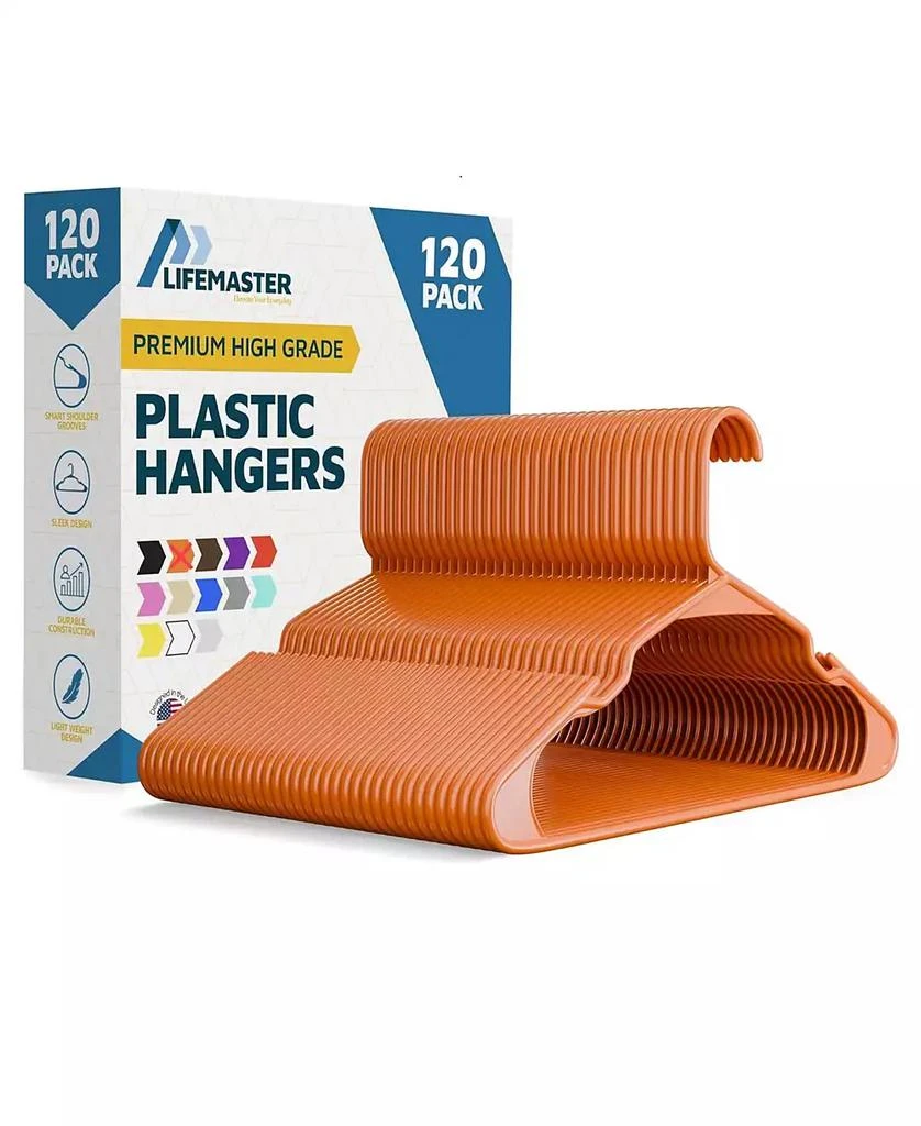 Lifemaster heavy-duty plastic hangers for clothes, dresses 
coats non-slip grooves, space-saving design, holds 5 lbs 120-pack, orange.