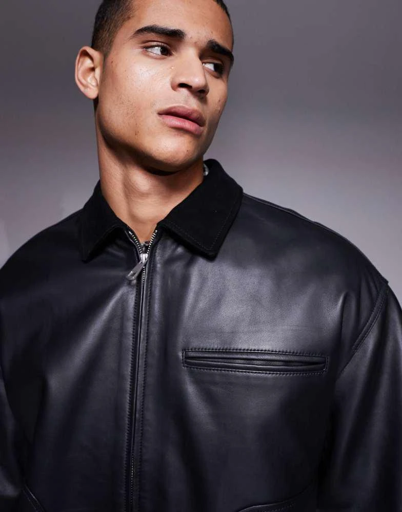 ASOS ASOS DESIGN Premium real leather harrington jacket with suede collar in black 3