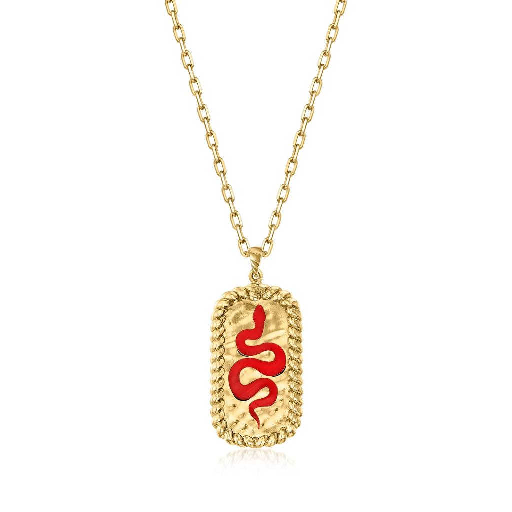 Ross-Simons Red Enamel and 18kt Gold Over Sterling Snake Pendant Necklace