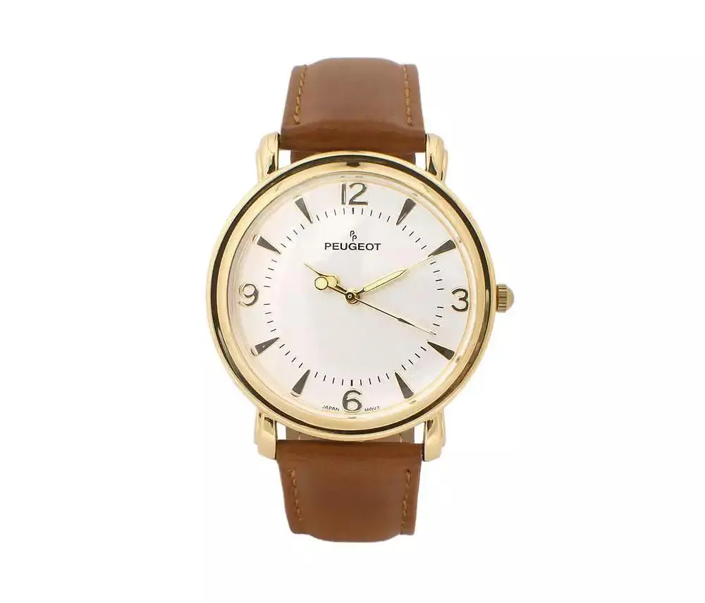 Peugeot Men 38mm Gold Retro Design Calf Skin Leather Strap watch