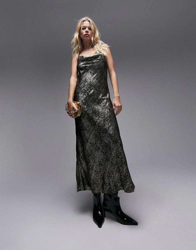Topshop Topshop cowl neck maxi slip dress in metallic animal print 1