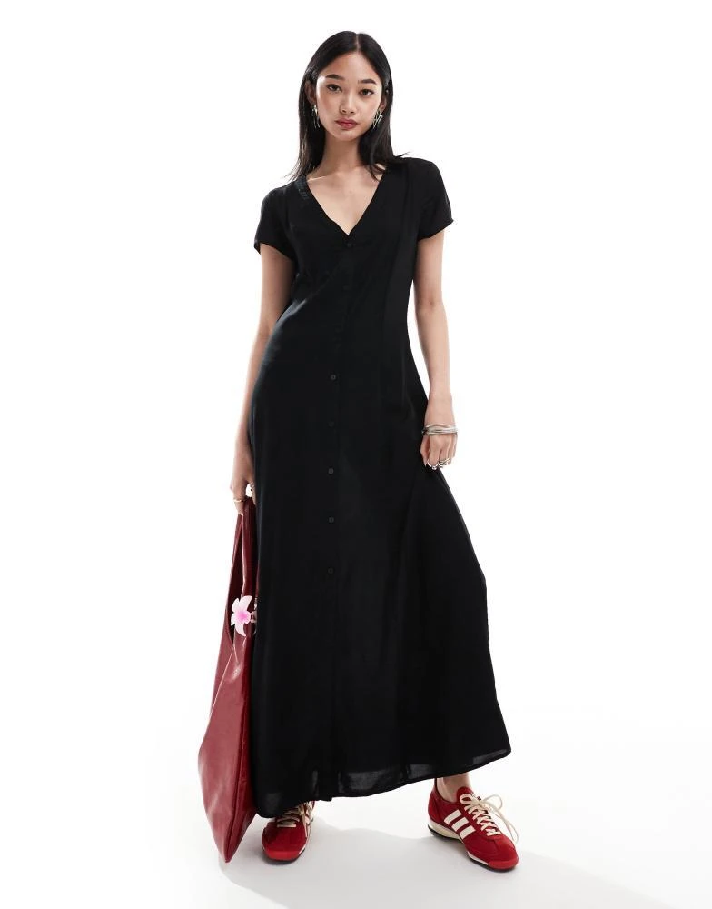 Monki Monki short sleeve button front midi dress in black 1