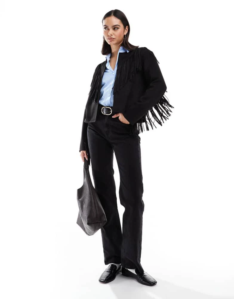 New Look New Look fringe collarless suedette jacket in black 2