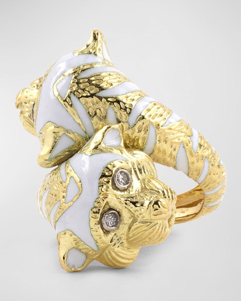 NM Estate Estate 18K Yellow Gold Twin Tiger's Head Twist Ring with Diamonds and Enamel, Size 6