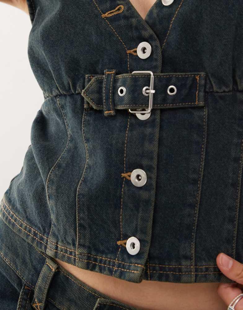COLLUSION COLLUSION denim buckle waistcoat co-ord in green wash