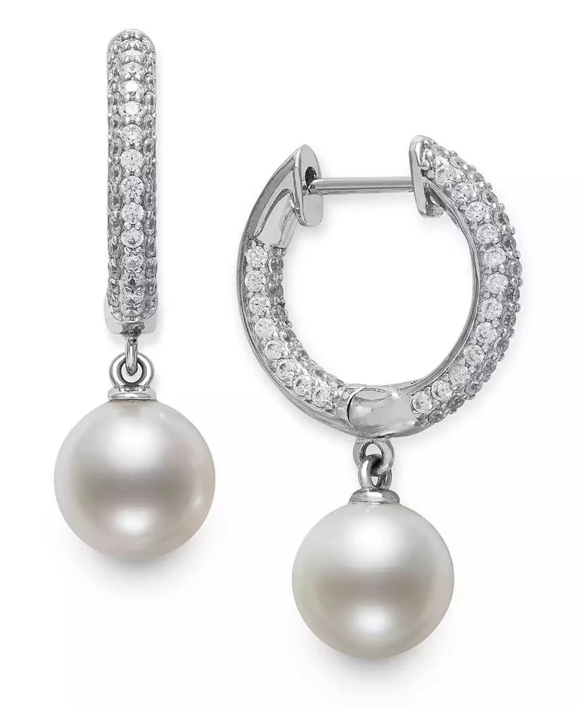 Belle de Mer Cultured Freshwater Pearl (7mm) & Cubic Zirconia Dangle Huggie Hoop Earrings in Sterling Silver, Created for Macy's 1