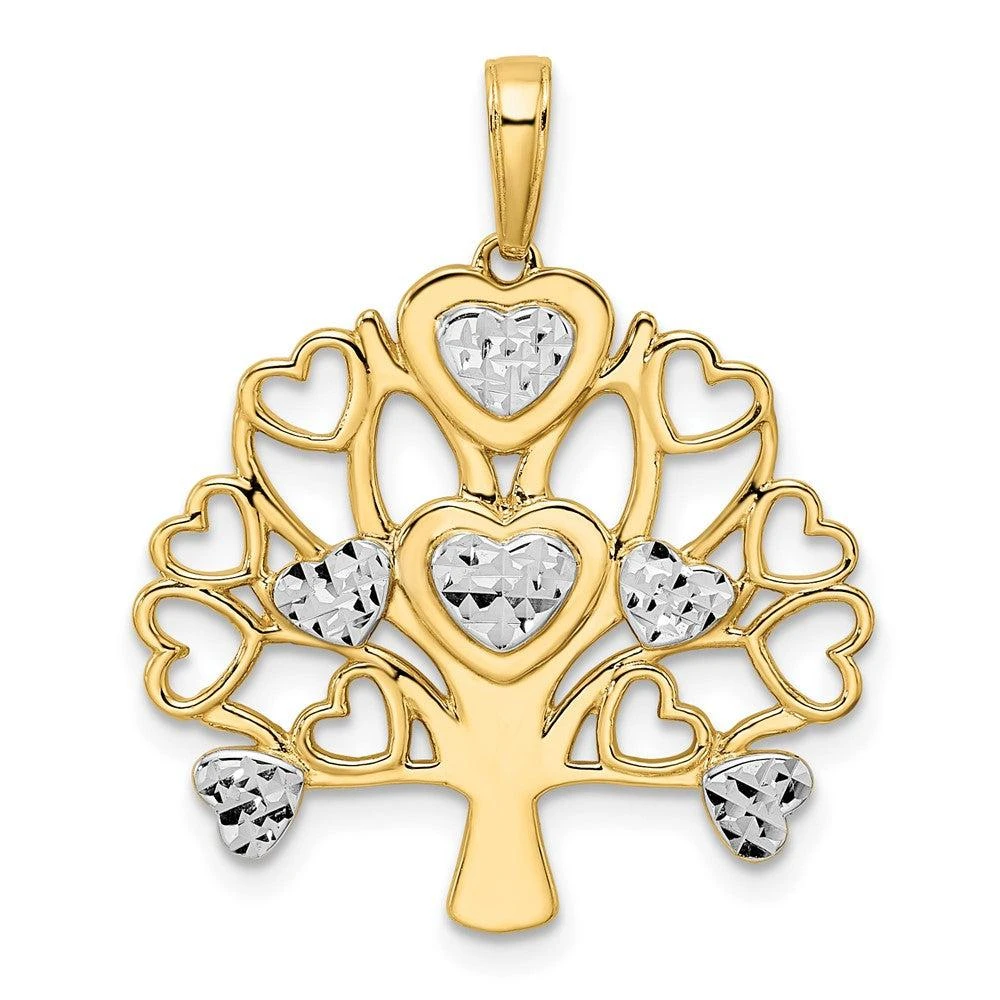 Diamond2Deal 14k Yellow Gold White Rhodium Diamond-cut Heart Tree of Life Pendant