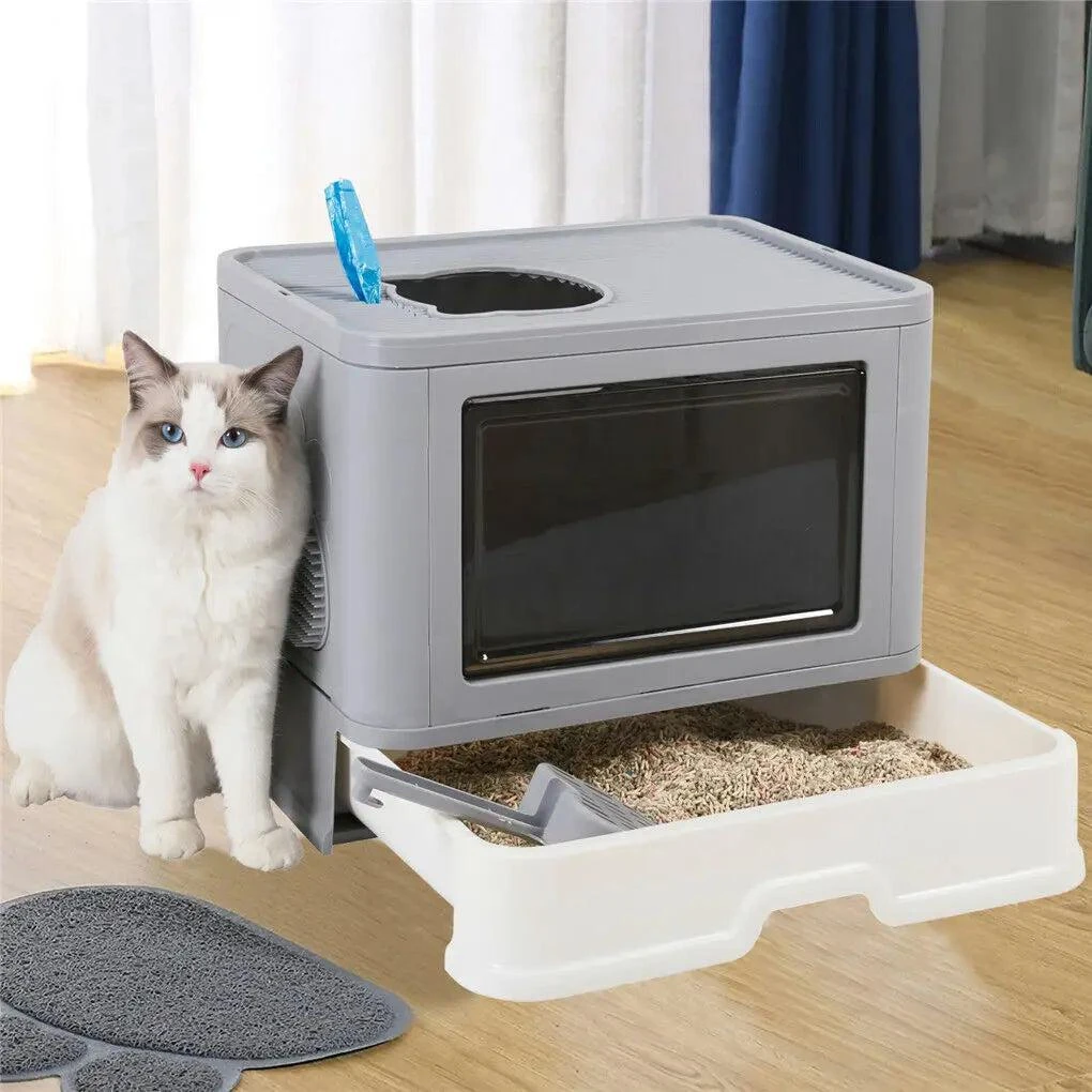 AROPETS Foldable Enclosed Cat Litter Box with Front Entry and Top Exit, Featuring Massaging Litter Scoop 2