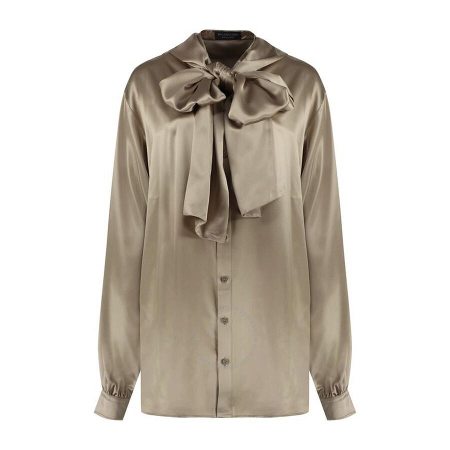 Balenciaga Ladies Beige Silk Hooded Blouse