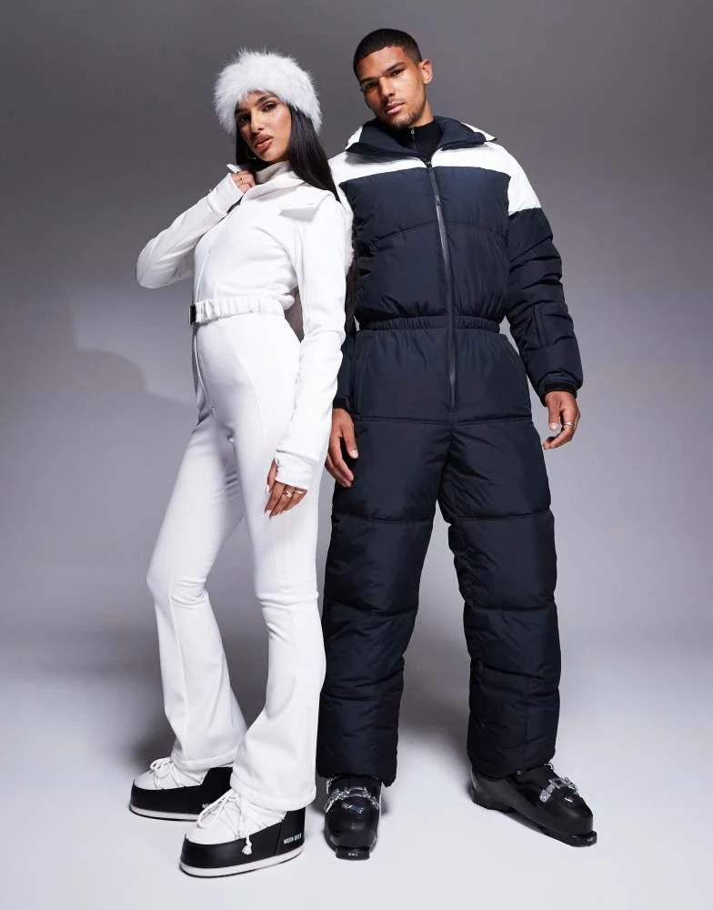 ASOS 4505 Ski belted ski suit with slim kick leg and faux fur hood in white 2