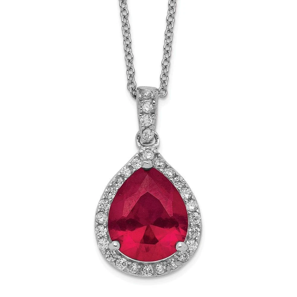 Diamond2Deal Sterling Silver Rhodium-plated Lab Created Ruby and CZ Teardrop Halo Pendant Necklace 2