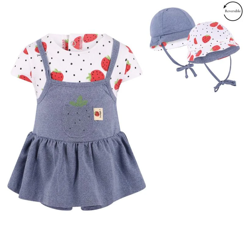 Mayoral Strawberries bodysuit dress and reversible hat with chin strap in blue and white 1