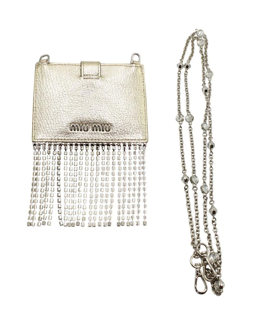 Miu Miu Madras Card Holder with Crystal Fringe in Silver Goatskin Leather 4