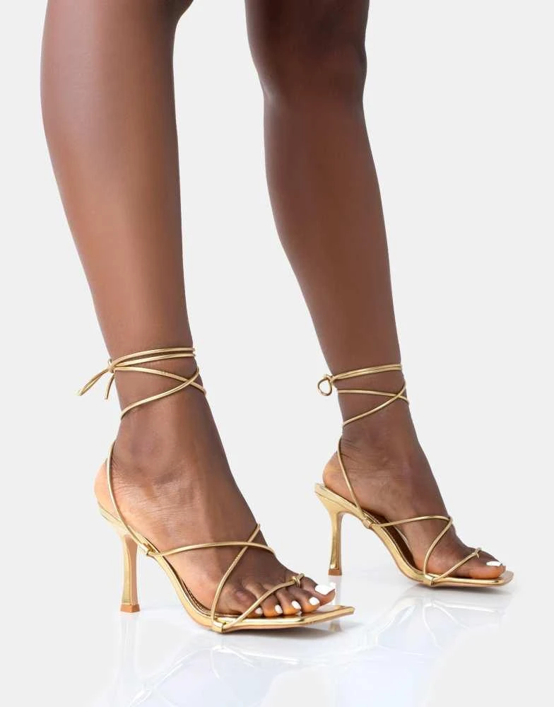 Public Desire Public Desire Euphoria pu square toe lace up mid heels in gold pu 1
