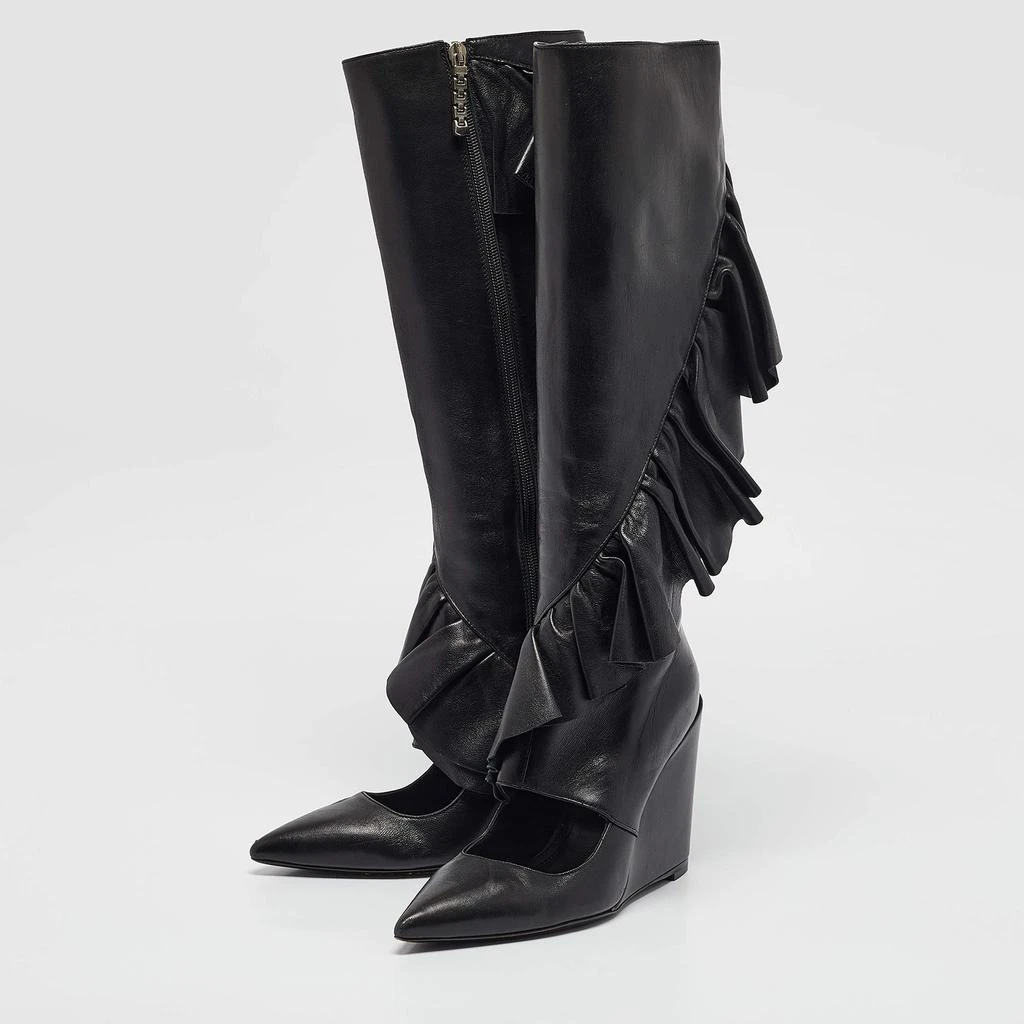 JW Anderson J.W. Anderson Black Leather Ruffle Knee Length Wedge Boots Size 38 2