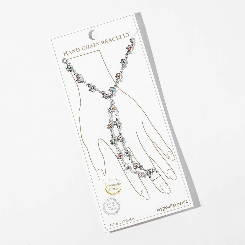 FASHNZFAB White Gold Dipped Elephant Evil Eye Charm Link Hand Chain Magnetic Bracelet