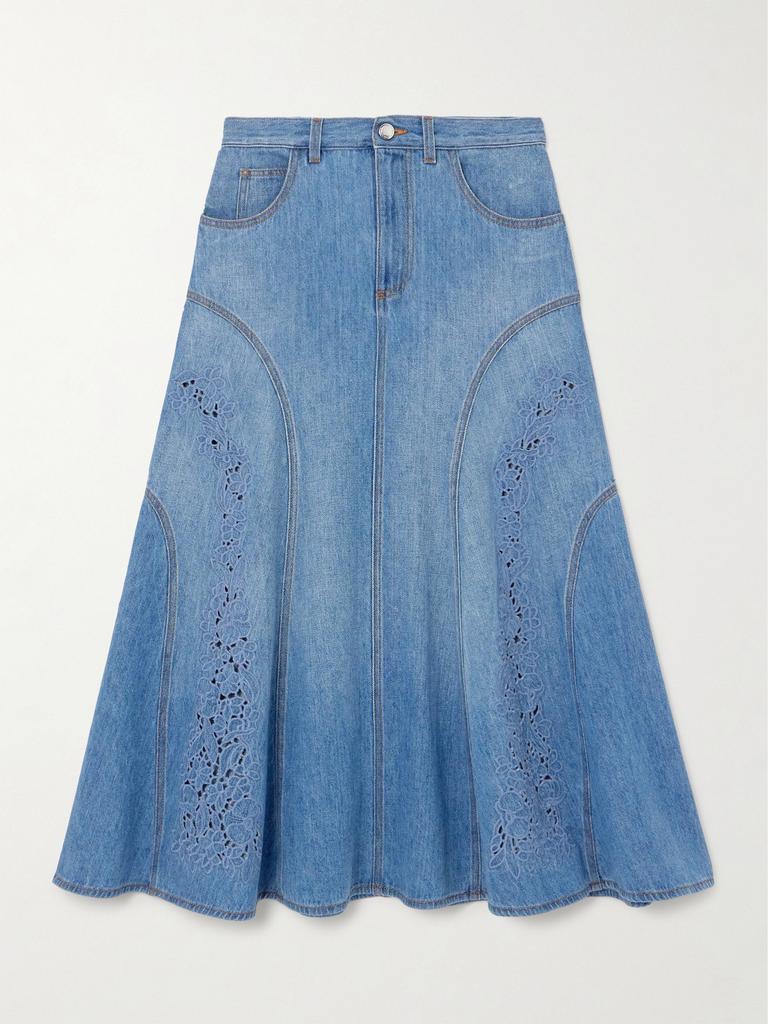 Chloé Broderie anglaise-trimmed denim midi skirt - Dresses